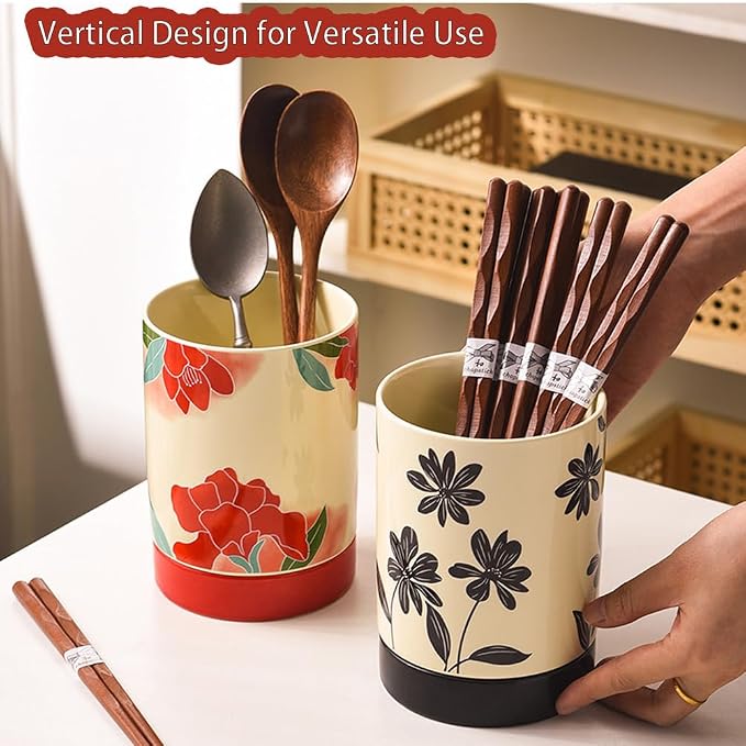 Dxcaicc Vintage Ceramic Utensil Holder for Kitchen Counter, 4 Inch Cooking Utensil Crock with Drain Holes, Elegant Countertop Organizer for Spoons, Chopsticks, Spatulas,Black