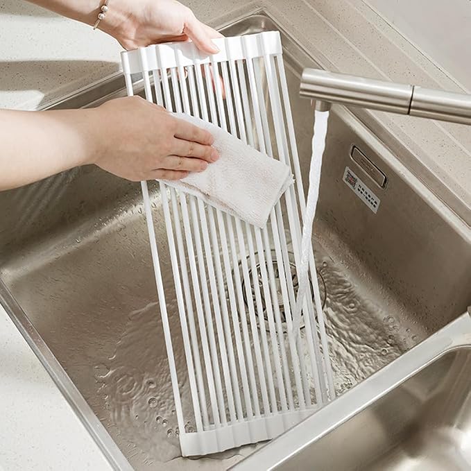 Roll Up Dish Drying Rack Over The Sink.Foldable Kitchen Drainer,Fully Silicone Cover Stainless Steel Bar,Heat-Resistant, Anti-Slip Sink Rack for Kitchen Counter Multipurpose.