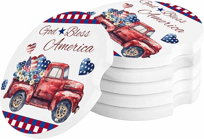 4th of July Car Drinks Coasters Red Truck Flowers Heart Red White and Blue Plaid Check Round Coaster Car Accessories with Absorbent Ceramic Stone Finger Notch for Easy Removal (Set of 6 Pack)