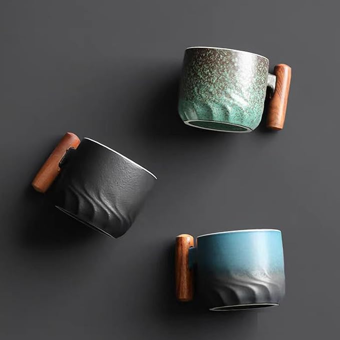 2.5oz Ceramic Espresso Cups with Wooden Handle, Chinese KungFu Tea Cup, Coffee Cups Set of 4 (Green)