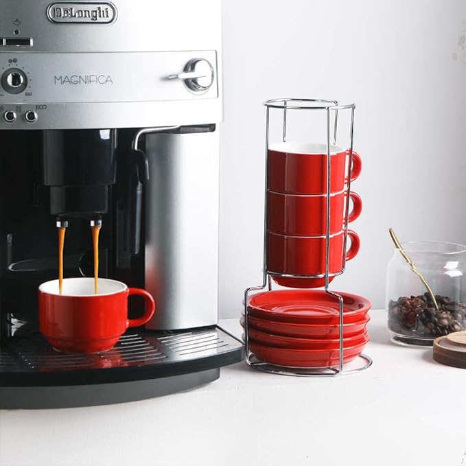 Sweejar Porcelain Cappuccino Cups with Saucers and Metal Stand, 8 Ounce Stackable Espresso Cups for Specialty Coffee Drinks, Latte, Americano, Tea - Set of 4 (Red)