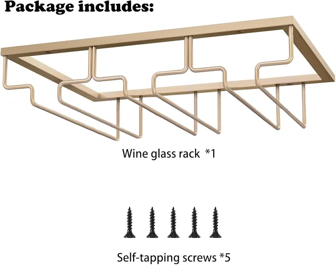 Wine Glass Rack - Under Cabinet Stemware Wine Glass Holder - Wine Glasses Storage Hanger Metal Organizer for Cabinet Kitchen Bar (Champagne Gold, 3 Rows 1 Pack)