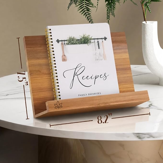 Acacia Cookbook Stand for Kitchen Counter – Adjustable Wooden Recipe Book Holder for Cookbooks, Recipe Binders & Tablets | Foldable Wood Book Stand with Bamboo Phone Holder | Gift-Ready Kitchen Set