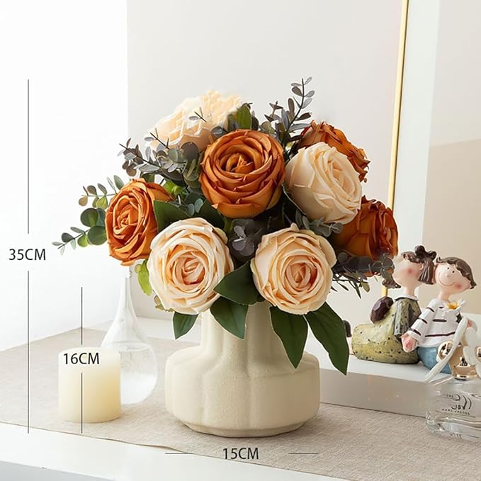 Silk Roses Artificial Flowers in Vase,Fake Flowers with Vase,Faux Flower Arrangement with Vase for Home Office Decoration, Dining Table Centerpiece