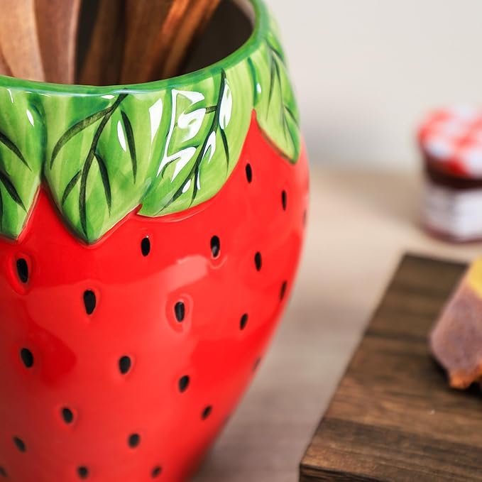 Strawberry Shaped Ceramic Kitchen Utensil Holder, Large Cooking Utensil Crocks for Kitchen Countertop, Ceramic Utensil Organizer for Spatula, Kitchen, Home Decoration-Retro Red