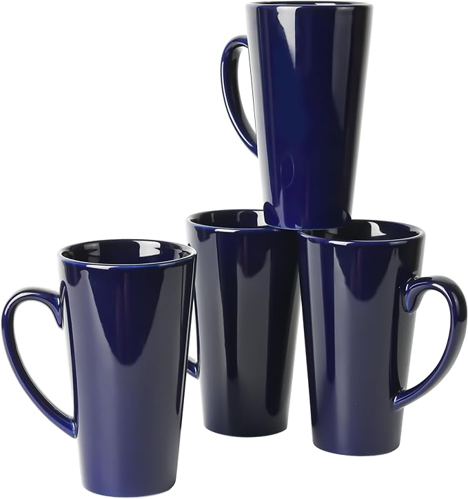 BYCNZB 16oz Funnel Ceramic Tall Coffee Mugs for Coffee, Tea, Cocoa, Latte, Milk set of 4(Cobalto)