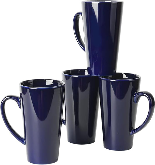 BYCNZB 16oz Funnel Ceramic Tall Coffee Mugs for Coffee, Tea, Cocoa, Latte, Milk set of 4(Cobalto)