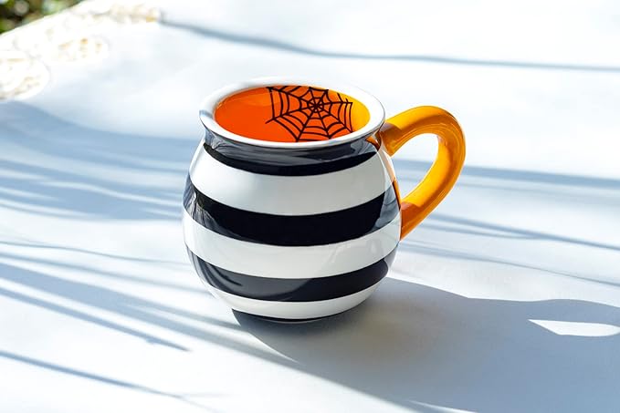 Terramoto Ceramic Halloween Bat Dots and Spider Web Stripes Mugs set of Two Assorted Design