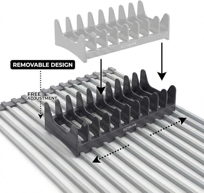 Large Aluminum Roll Up Dish Drying Rack (20.5" x 13") -Fits Sink Openings up to 19.5 Inches, Heavy Duty Square Bar, Rust-Proof & Heat Resistant with Removable Dish Holder (Purple Gray Large)