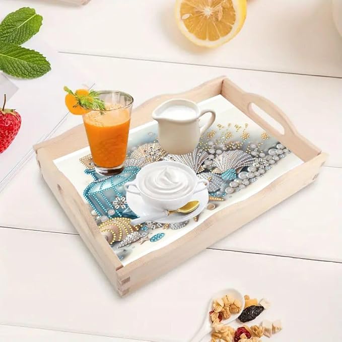 DIY Diamond Serving Tray Rectangular Breakfast Tray with Handle Handmade Diamond Art Painting Wooden Tray for Dinner Plate Coffee Room Living Home Organizer-Shell