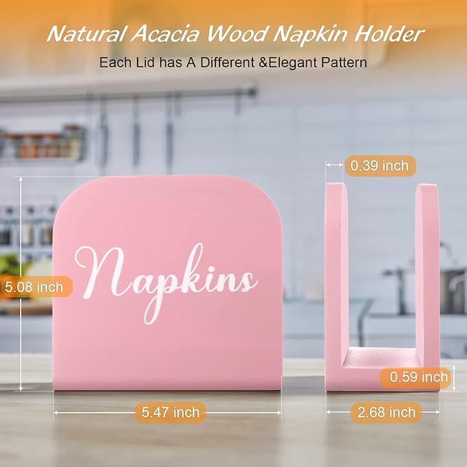 ALELION Pink Napkin Holder for Table - Wooden Napkin Holders for Kitchen - Pink Kitchen Decor and Accessories for Dining Room Table - Wood Napkin Dispenser