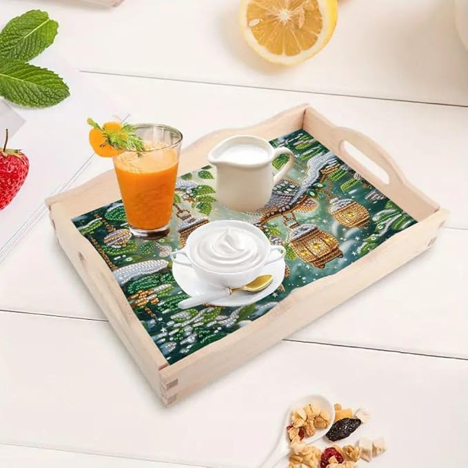 DIY Diamond Serving Tray Rectangular Breakfast Tray with Handle Handmade Diamond Art Painting Wooden Tray for Dinner Plate Coffee Room Living Home Organizer-Owl04