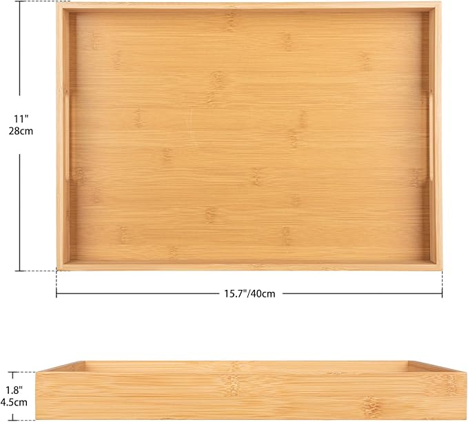 Briful Bamboo Decorative Tray with Handles - 16 x 12 Inch Rectangle Serving Tray for Coffee Table Decor Farmhouse Kitchen Counter Organizer & Bathroom Vanity Tray
