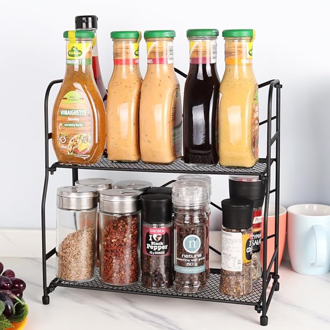 2 Tier Spice Rack Seasoning Bottle Holder Black Metal Non-Slip Foldable Kitchen Bathroom Countertop Tabletop Standing Organizer for Home House Office desktop Items Storage Y0727(Wave)