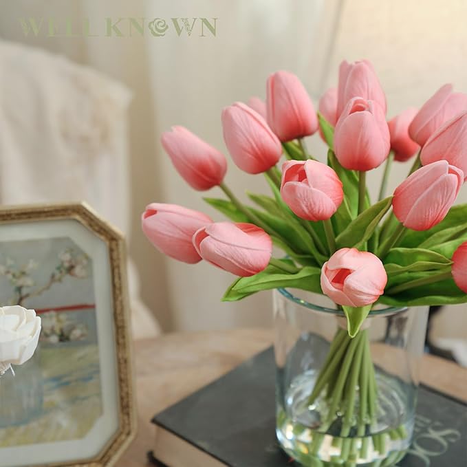 WELL KNOWN 20 Pcs Tulips Artificial Flowers in Vase, Real Touch Coral Pink Tulips with Glass Vase & Fake Water, Flower Arrangement Centerpiece for Dining Table Home Hotel Wedding Party Decor & Gift