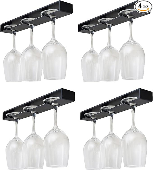 Wine Glass Holder ， 4 Pack Wine Glass Rack, No Drilling Wine Glass Holder Under Cabinet, Hanging Stemware Rack Organizer Hanger for Bar and Kitchen Cabinet（Classic Black）