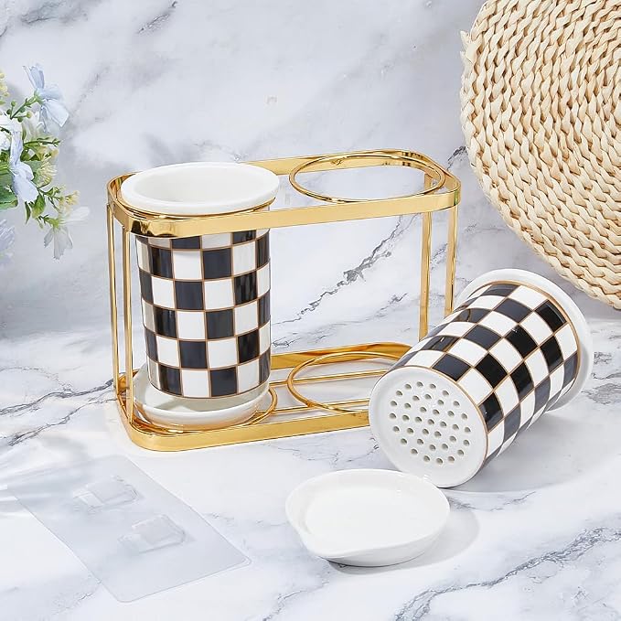 Ceramic Utensil Crock Set Ceramic Utensil Holder Black White Checkerboard Kitchen Countertop Organizer with Gold Stand for Countertop Coffee Bar Kitchen Decor and Accessories