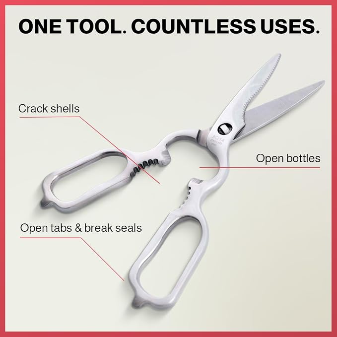 Heavy Duty Kitchen Scissors for Food — All Purpose Cooking Scissors, All Stainless Steel, No Plastic, Come-Apart Blades for Easy Cleaning, Dishwasher Safe, 5-in-1 Multi-Tool