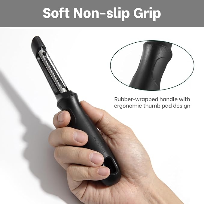 Beneno Serrated Swivel Vegetable Peeler for Kitchen | Razor-Sharp Stainless Steel Serrated Blade, Soft Grip Handle, Dishwasher Safe, Ideal for Tomatoes, Peaches & Kiwis, Black