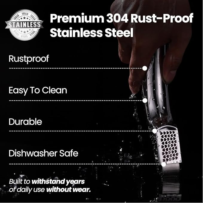 No Peeling Required Garlic Press Stainless Steel with Detachable Handle for Coarse Mincing - Premium Garlic Mincer Tool, Rust-Proof, Easy to Clean, Dishwasher Safe Garlic Crusher, Lifetime Replacement