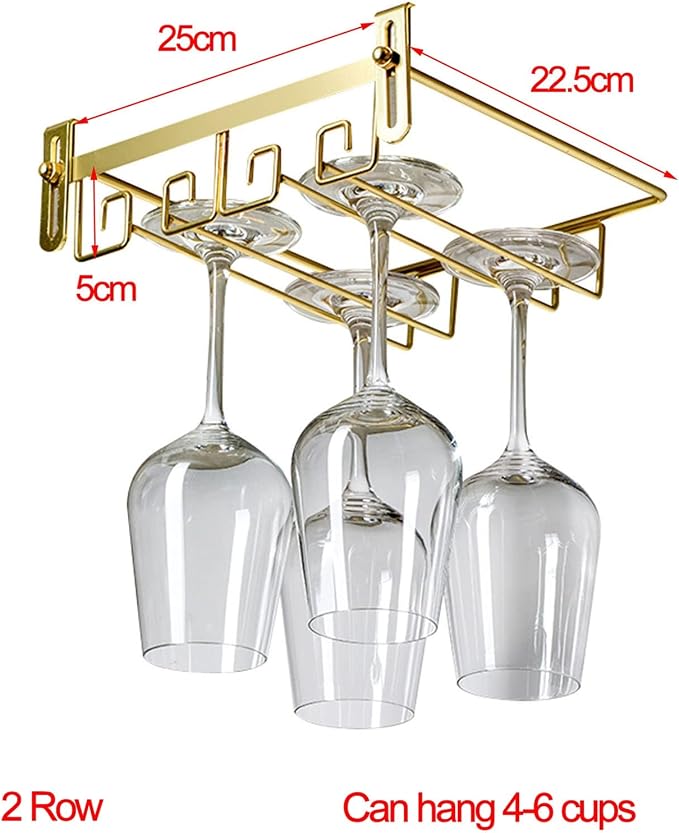 Adjustable Wine Glass Rack Under Cabinet, 2 Row Wine Glass Holder Stemware Rack Hanger, Under Shelf Stemware Storage Rack For Cupboard Kitchen Bar, Can Hang 4-6 Cups (25*22.5*5cm) ( Color : Gold )