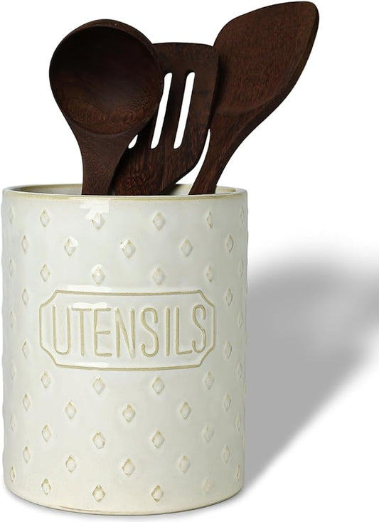 Ceramic Utensil Holder, 7" Utensil Crocks for Kitchen Counter, Cooking Utensil Organizer with Countertop Protection, Farmhouse Kitchen Decor (Vintage White, 7")