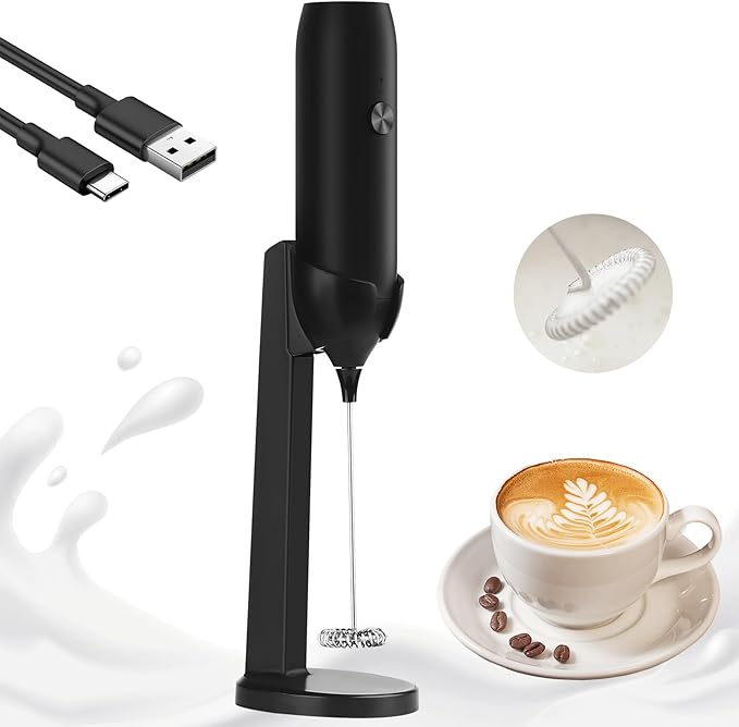 Rechargeable Milk Frother Handheld USB Type-C, Powerful Electric Foam Maker with Stand, Mini Drink Mixer for Coffee Latte, Cappuccino, Mocha, Macchiato, Frappe and Protein Powder