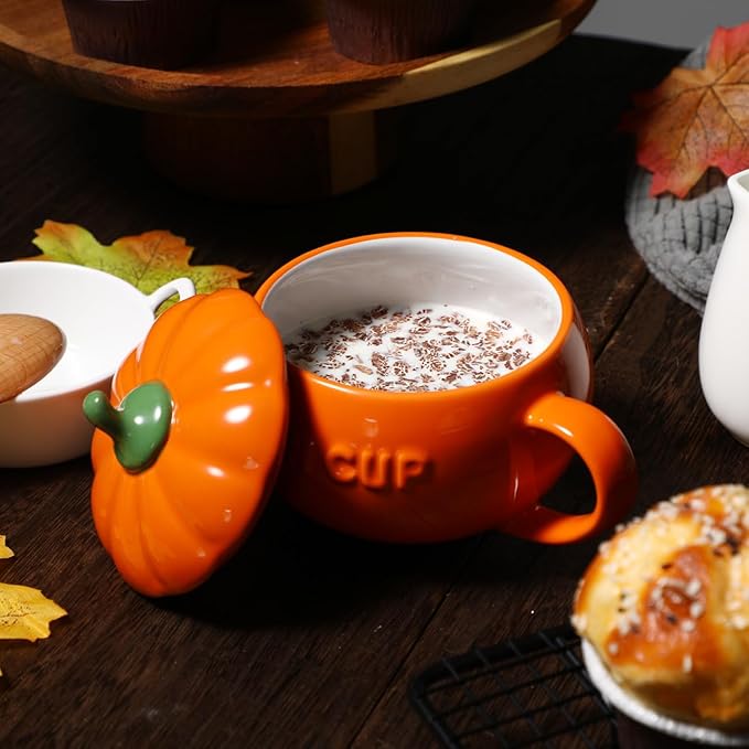 DOITOOL Halloween Pumpkin Mugs Set of 2 Ceramic Coffee Cups with Handle 5.31 Inch Pumpkin Shape Mugs for Coffee Milk and Hot Drinks