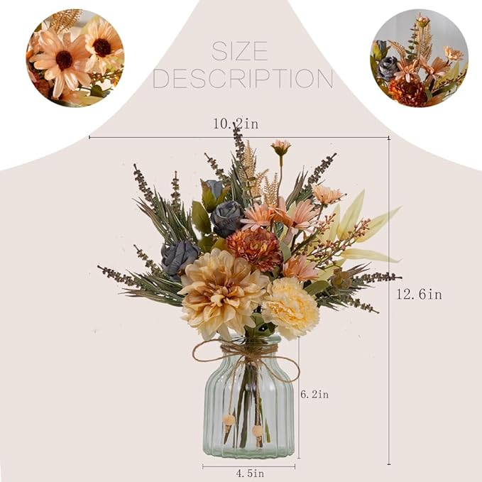 LESING Dahlia Flower Aritificial Flower with Vase Fake Silk Flowers in Glass Vase Faux Rose Flowers Arrangement for Home Office Table Centerpiece Decoration (Coffee)