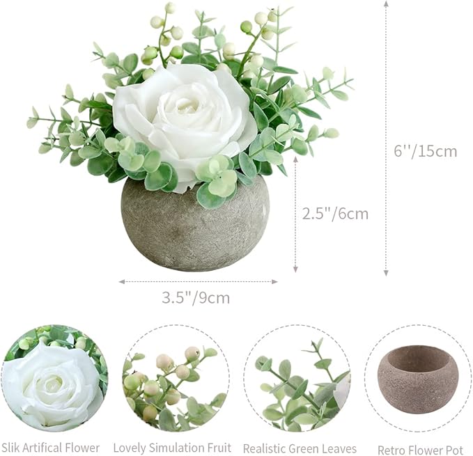 Small Artificial White Rose Potted Plant, 6" Fake Silk Flowers in 3.5" Round Pot, Mini Faux Floral Arrangement for Desk Shelf Bathroom Decor