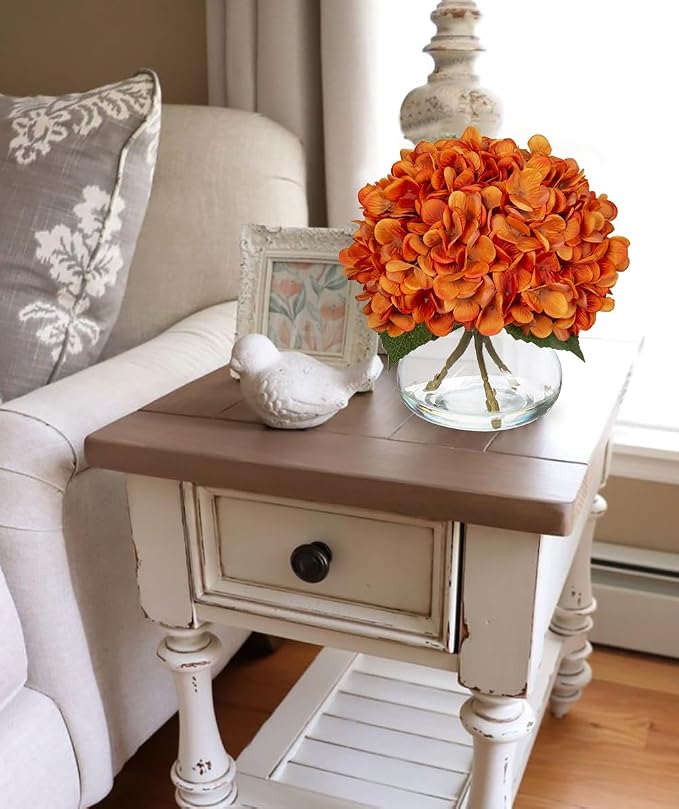 Hollyone Orange Fall Hydrangea Artificial Flowers for Decoration with Vase Silk Fake Flowers Arrangements in Glass Vase with Faux Water Autumn Festival Table Centerpiece Fall Decorations for Home
