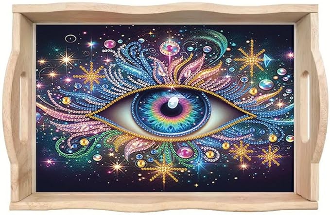 DIY Diamond Serving Tray Diamond Art Painting Creative Design Handmade Wooden Tray Dinner Plate for Coffee Breakfast Home Organizer-Eye