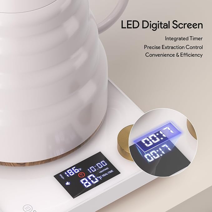 Electric Gooseneck Kettle, 30oz/0.9L Intelligent Temperature Control, Quick Heating, 304 Stainless Steel for Pour Over Coffee, Brew Tea, Boil Hot Water, 1000W （White）