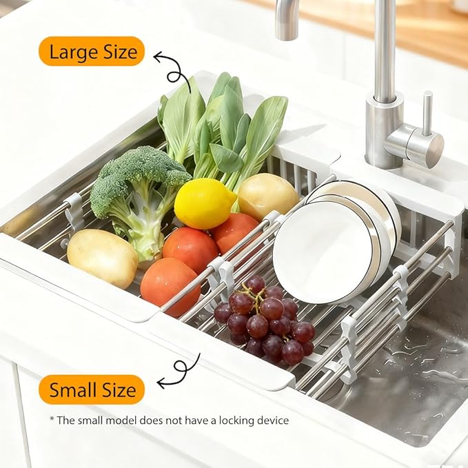 Extend Kitchen Sink Drain Basket, 2026 New Retractable Kitchen Sink, Adjustable Dish Drying Rack with Stainless Steel Drain Basket for Kitchen (White, Small)