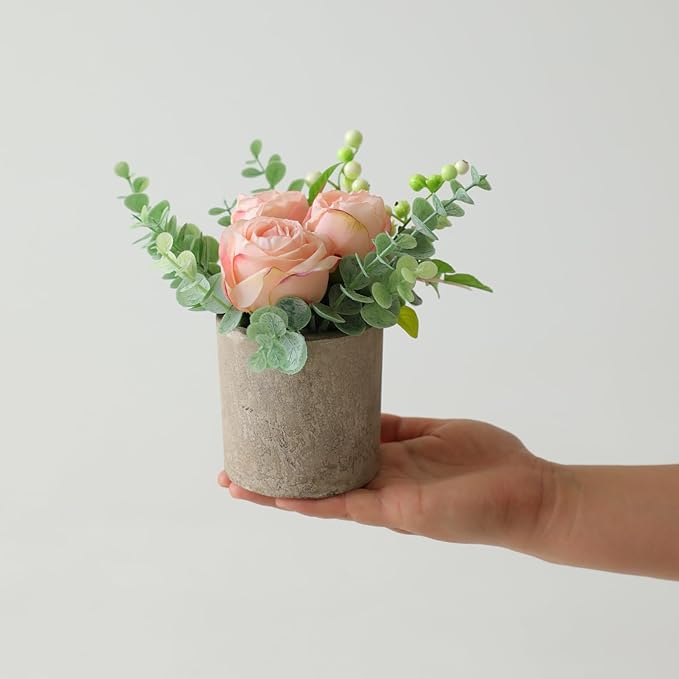 Small Artificial Burnt Pink Rose Potted Plant, 6" Fake Silk Flowers in 3" Cylindrical Pot, Mini Faux Floral Arrangement for Desk Shelf Bathroom Decor
