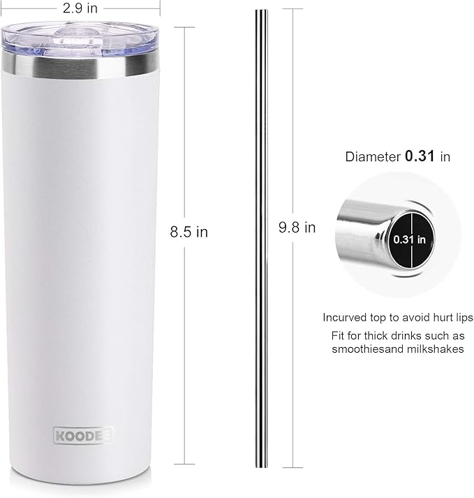 koodee 20 oz Skinny Tumbler (2 Pack) Stainless Steel Double Wall Insulated Water Cup with Straw, Slim Travel mug for Women Diy Birthday Gift (Baby Pink-White)