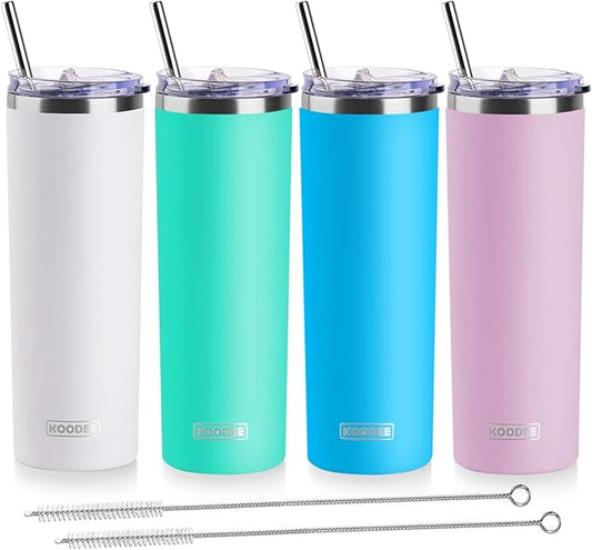 koodee 20 oz Tumbler with Lid and Straw -4 Pack Insulated Skinny Tumblers Stainless Steel Double Wall Water Cup (White/Teal/Sky Blue/Baby Pink)