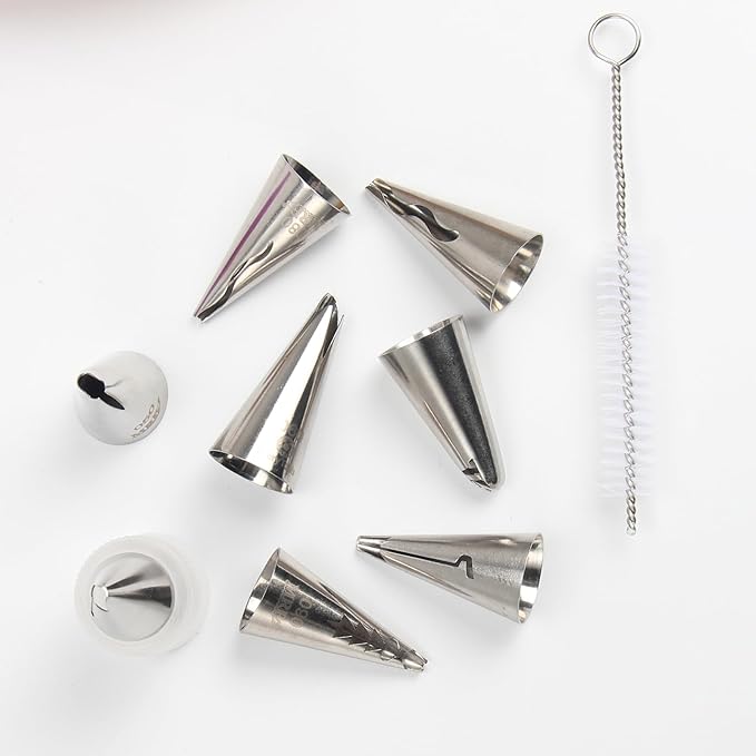 Baipeisy 11Pcs Stainless Steel Pleated Skirt Piping Tips Set - Reusable Baking Tools Kit Includes 8 Decorating Nozzles, 1 Cleaning Brush, 1 Converter, 1 silicone piping bag for Frosting Cakes