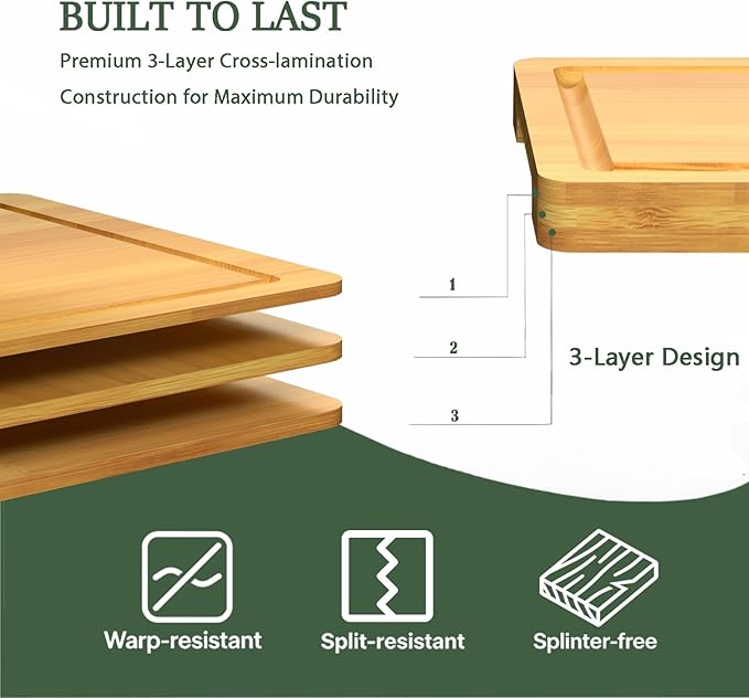 Cutting Boards for Kitchen, Bamboo Cutting Board Set of 3 with Storage Stand, Carbonized Chopping Boards with Deep Juice Grooves and Handles for Meat, Bread, Dough Kneading and Food Prep