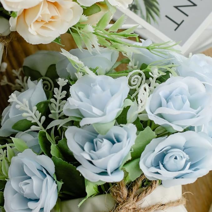 TKAS Fake Flowers Arrangement in Ceramic Vase, Artificial Faux Silk Roses, Small Realistic Dried-Style Floral, Dining Table Centerpiece for Wedding Party Home Decoration (Blue)