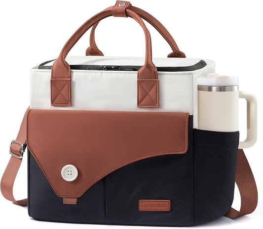 LOVEVOOK Large Insulated Lunch Bag for Women, Wide Opening Leakproof Cooler Bag with Cup Holder and Shoulder Strap, Adult Large Lunch Box for Picnic Hiking Beach