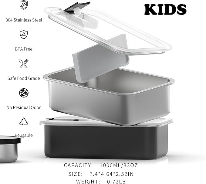 Bakpoco Stainless Steel Bento Lunch Box for Adult Kids, 2 Pack 33oz Leak-Proof Lunch Box Containers, Microwave-Safe, with Adjustable Divider, Convenient Metal Lunchbox for School, Travel