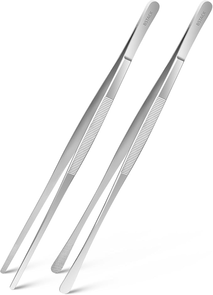 Brand Stack Kitchen Tweezers 14” Japanese Stainless-Steel Cooking Tong Tweezers Set of 2 with Precision Serrated Tip Premium Long Tweezers for Kitchen Serving Food Chef & Pasta Cooking tweezers.
