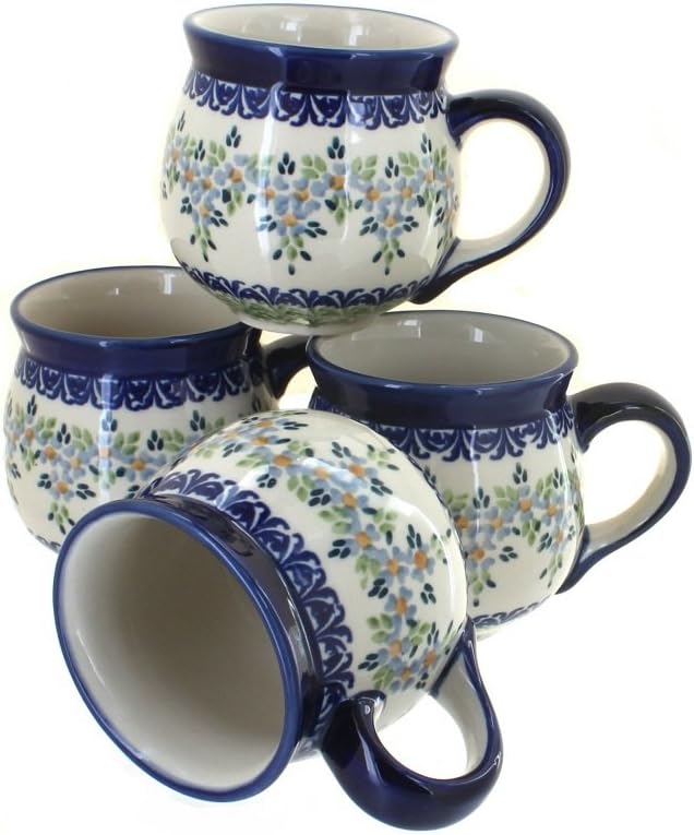 Blue Rose Polish Pottery - Green Summer Vine 4 Piece Bubble Mug Set - 4 10 oz Mugs - Uniquely Shaped Mug Set for Entertaining Guests