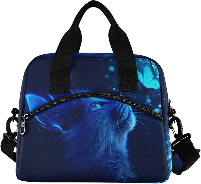 ALAZA Cat and Butterfly with Blue Light Lunch Box for Men Women Adults Insulated Lunch Bag Cooler Bag with Adjustable Shoulder Strap for Work Picnic Travel
