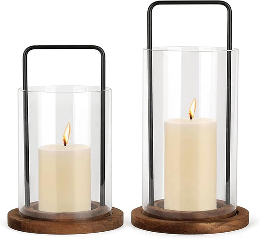 Glass Hurricane Candle Holder with Metal Handle and Wooden Base, Modern Home Decor, Set of 2 for Indoor Use, Medium 5.9" x 7.5" & 5.9" x 9.48"