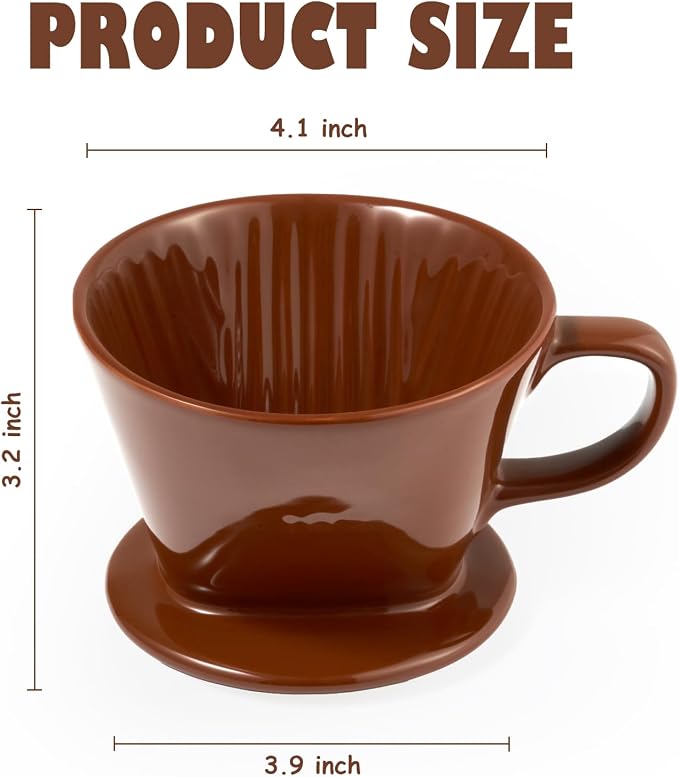 Pour Over Coffee Dripper, Ceramic Pour Over Coffee Maker with 3 Holes Flat Bottom, Easy Manual Brew Maker, Porcelain Slow Filter Cone for Travel, Camping, Office, Home,Brown