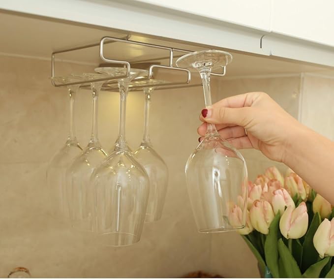 Wine Glass Holder - 2 Rows Stemware Rack Under Cabinet - 304 Stainless Steel Hanger Storage Shelf, Fit for The Cabinet 0.8“ or Less