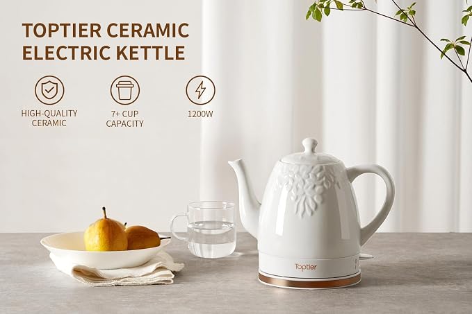 Toptier Electric Ceramic Tea Kettle, Boil Water Quickly and Easily, Detachable Swivel Base & Boil Dry Protection, Carefree Auto Shut Off, 1.5 L, White