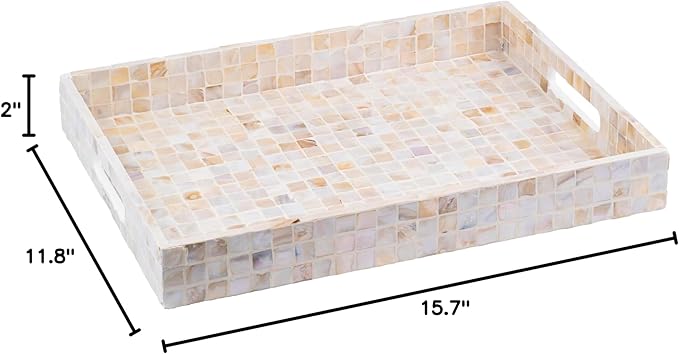 PEMAR Rectangular Mother of Pearl Serving Tray Nacre Wood Lap Ottoman Tray for Coffee Table, Luxury Decorative Handmade Eating Platters w Insert Handles (White Cream)